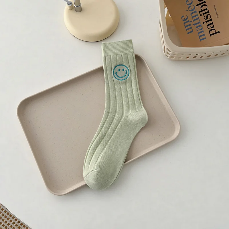 Korea Fashion Solid Color Embroidery Smile Face Adults Sports Cozy Cotton Women Socks