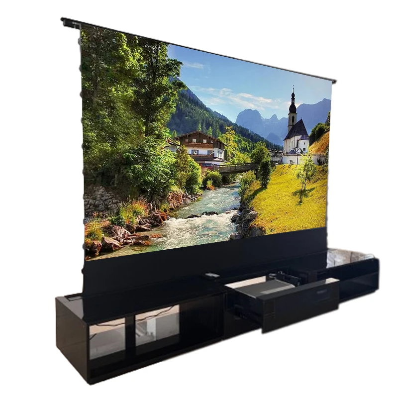 All in One Motorized UST Laser TV Projection Screen Cabinet for  ALR Floor Rsing Projector Screen