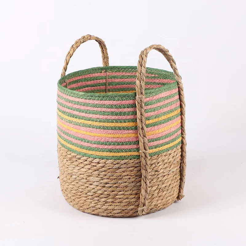 Nordic Style  Handmade Seagrass Basket Plant Flower Baskets Wholesale With Handle For Home Storage