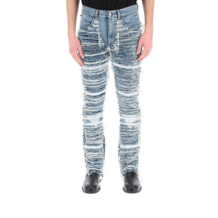 customized High quality  slim leg jeans stack jeans distressed Streetwear Patchwork Denim Pants Wash Ripped Men Denim Vintage