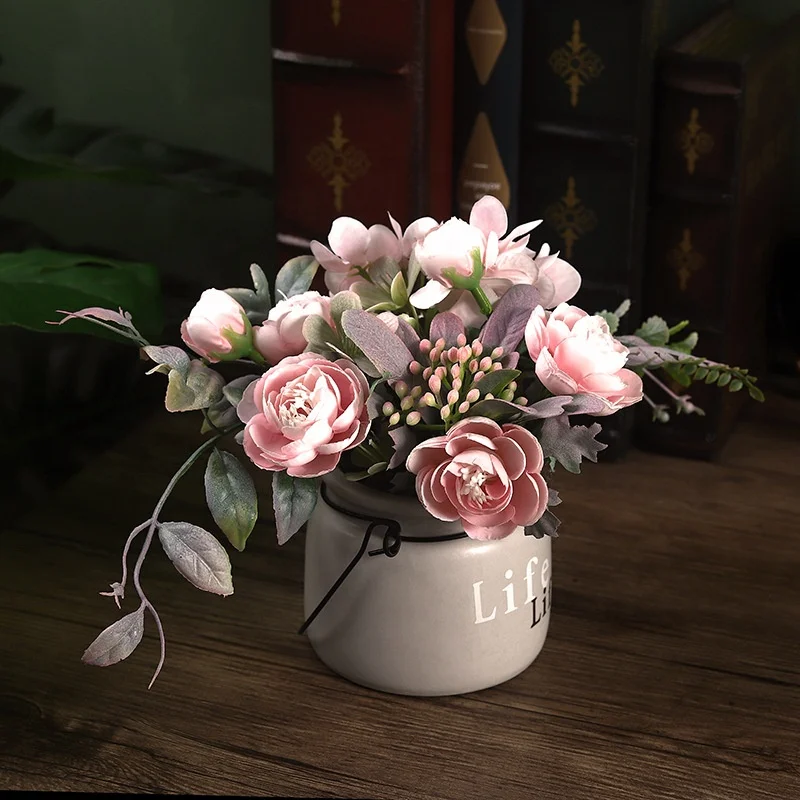wholesale high quality silk flower pots artificial home house decoration ceramic flowerpot vase
