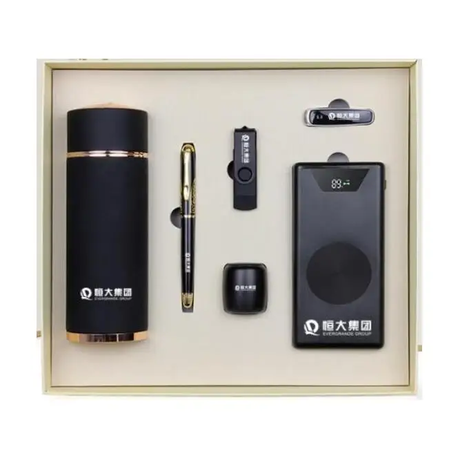 6 in 1 Business Gift Set Luxury  ,  Promotion Corporate Gift Set 2019 with Speaker Vacuum Cup Wireless Charger Power Bank