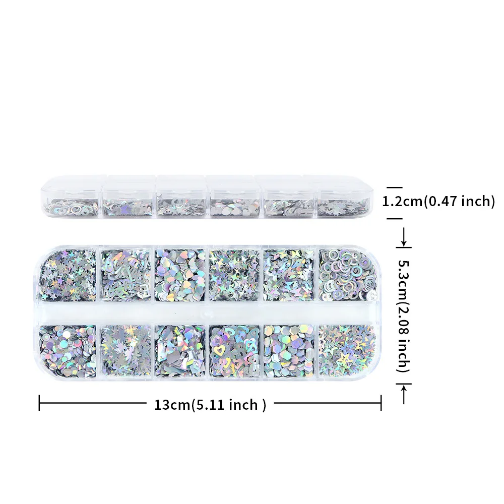 12 Grids Butterfly Nail Glitter Sequins Decoration Laser Silver Maple Leaf Star Circle Various Shapes Flakes Nail Accessories