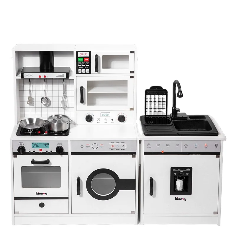 2020 kids toys New design big white electronic wooden kitchen toys with lights and sounds