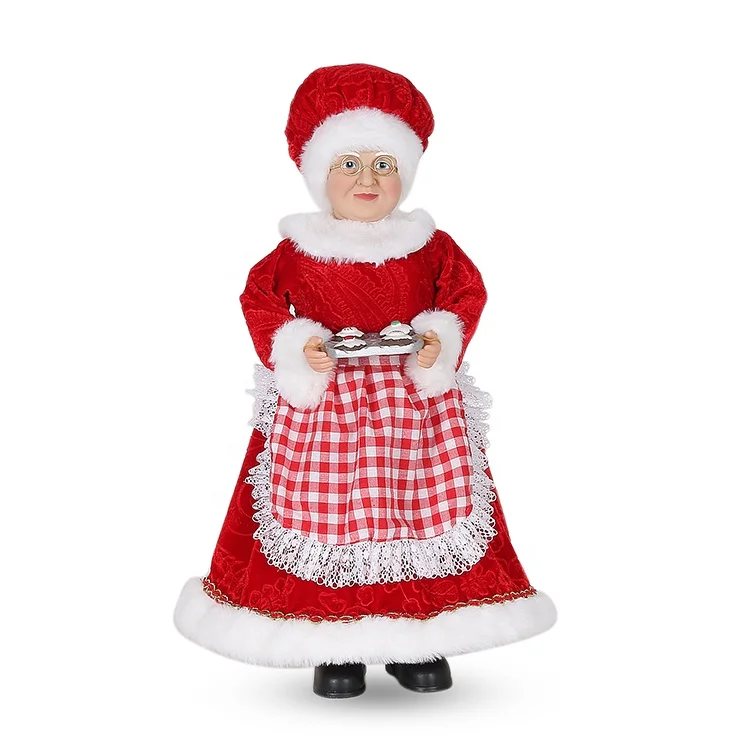 Cooking Mrs Santa Claus Doll Christmas Figurines Toy Plaid Apron 45CM Grandma Red Standing Chef Mrs Claus For Kitchen Decoration