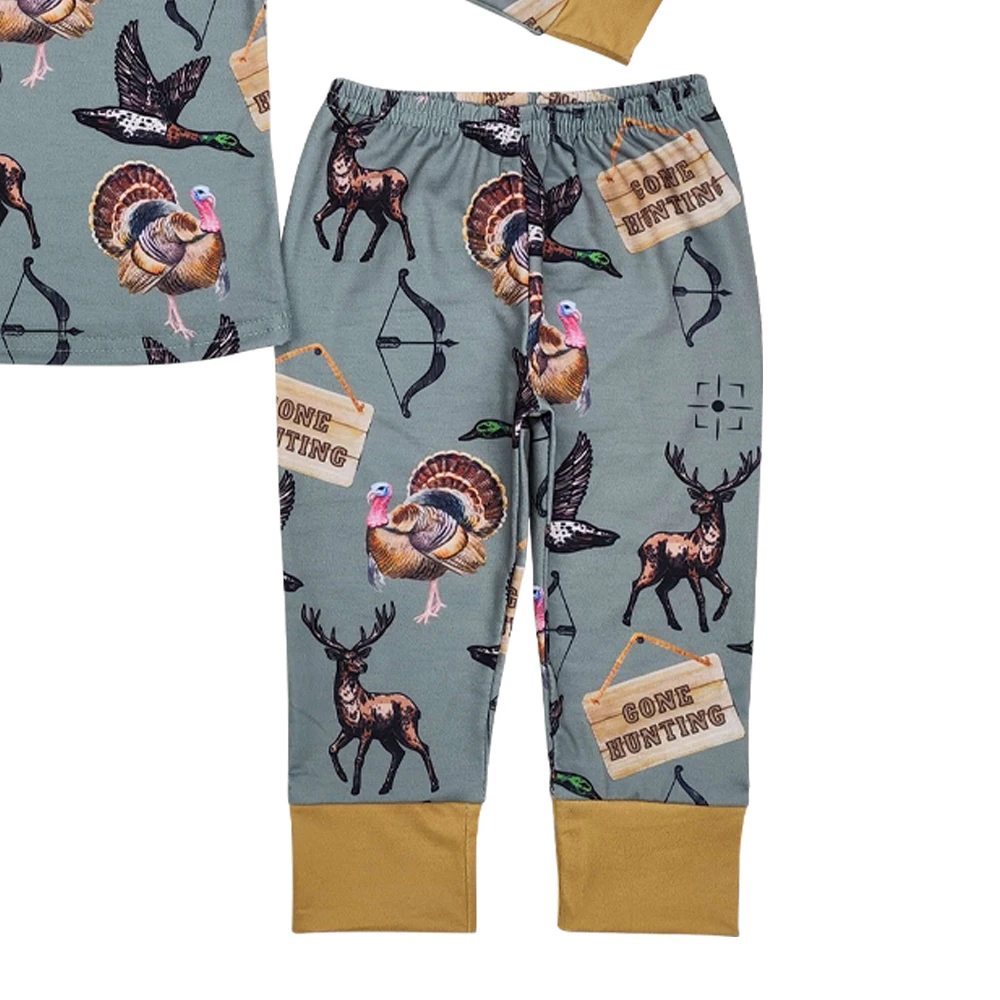 Duck Turkey Deer GONE HUNTING Print Boys Fall Bamboo Pajamas Clothes Set Wholesale RTS Toddler Boutique Kids Sleeper Clothes