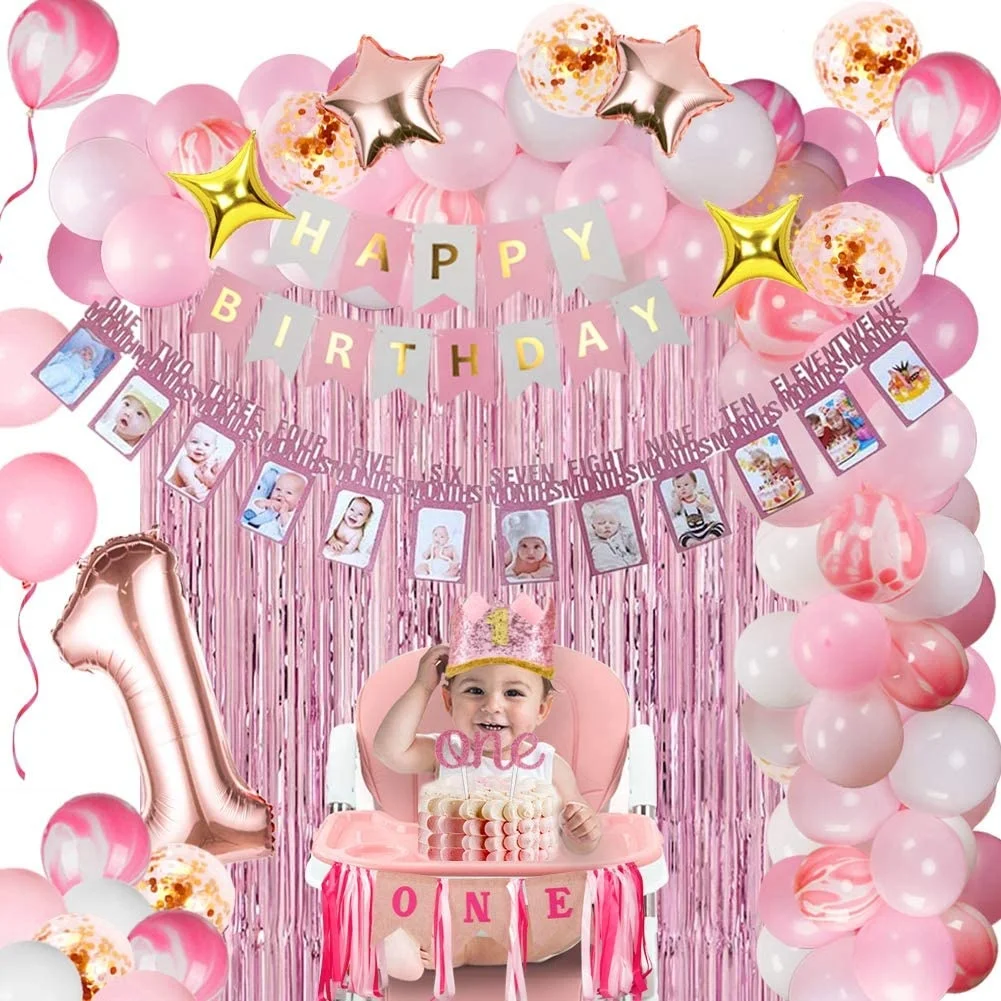 Pink Girl 1st Birthday Decorations Girls with 12 Months Photo Banner and 1st Birthday Baby Crown for  birthday party