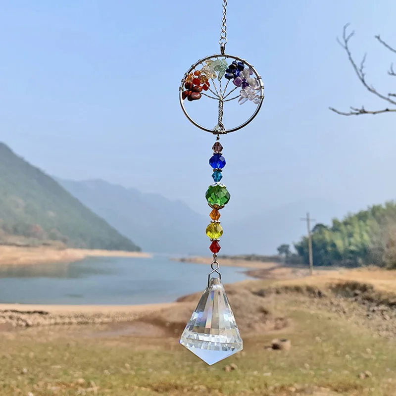  Tree Of Life Crystal Ball Window Hanging Pendant Rainbow Chandelier Decor 7 Chakra Prism Ornaments for