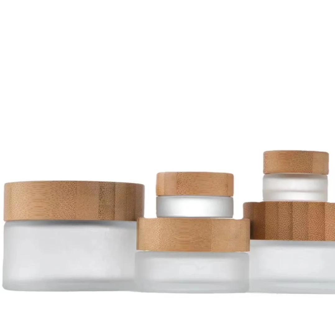 Hot Sale 5ml 15ml 30ml 50ml 100ml Cosmetic Face Cream Container Frosted Clear Glass Jar With Bamboo Wood Lid