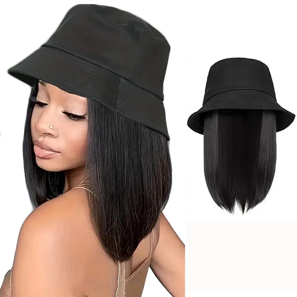 Fashionable Fishing Hat Hooded Wig Medium Long Straight Wig Synthetic Heat Resistant Wig For Beginners Friendly