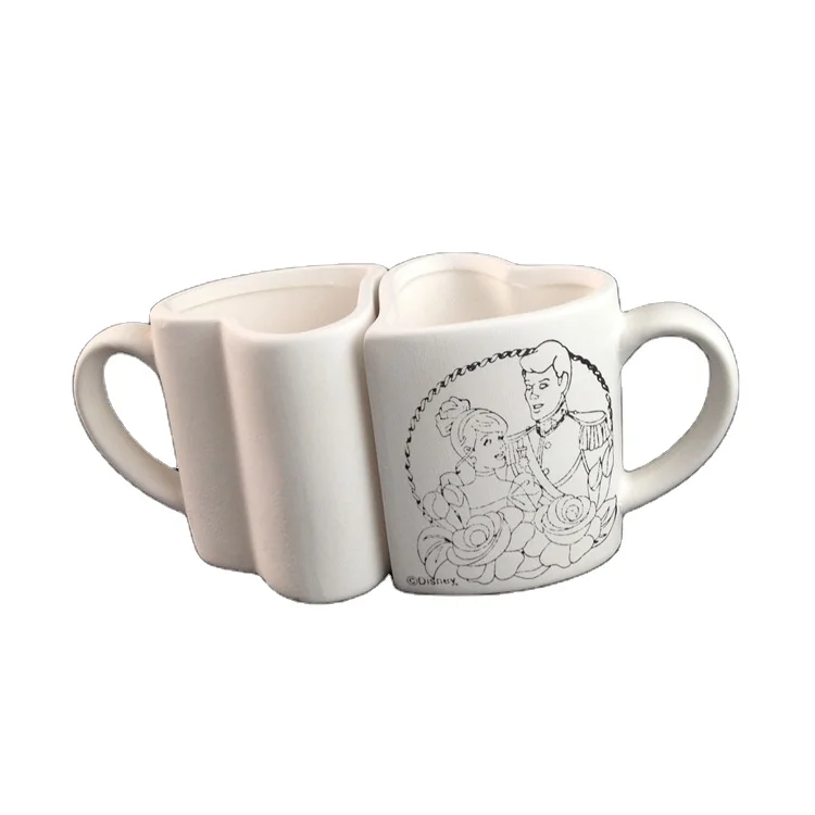 Bisque DIY Ceramic Heart Pair Cup with Color Brush Creative Graffiti Pattern Semi-finished
