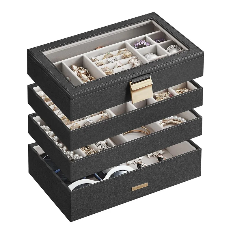 4-tier Drawer Jewelry Trays Stackable Organizer With Glass Lid Removable Dividers For Vanity Table