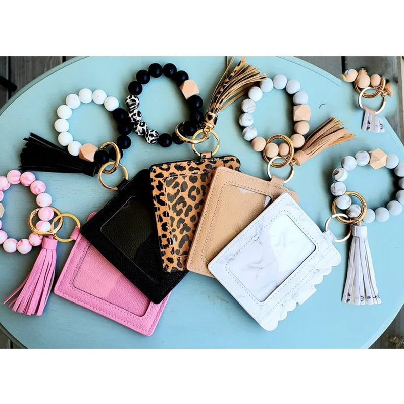 Women Fashion Money Bag Wallet Card Bag Keychain Wristlet PU Leather Tassel Key Ring Silicone Bead Bracelet Card Holder Pouch