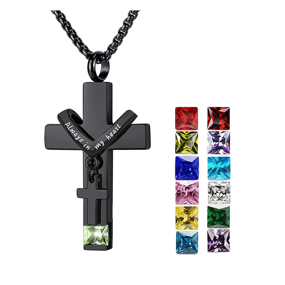 Memory Keesakes Jewelry Stainless Steel Casket Birthstone Ash Pendant Cross Cremation Urn Necklace for Ashes