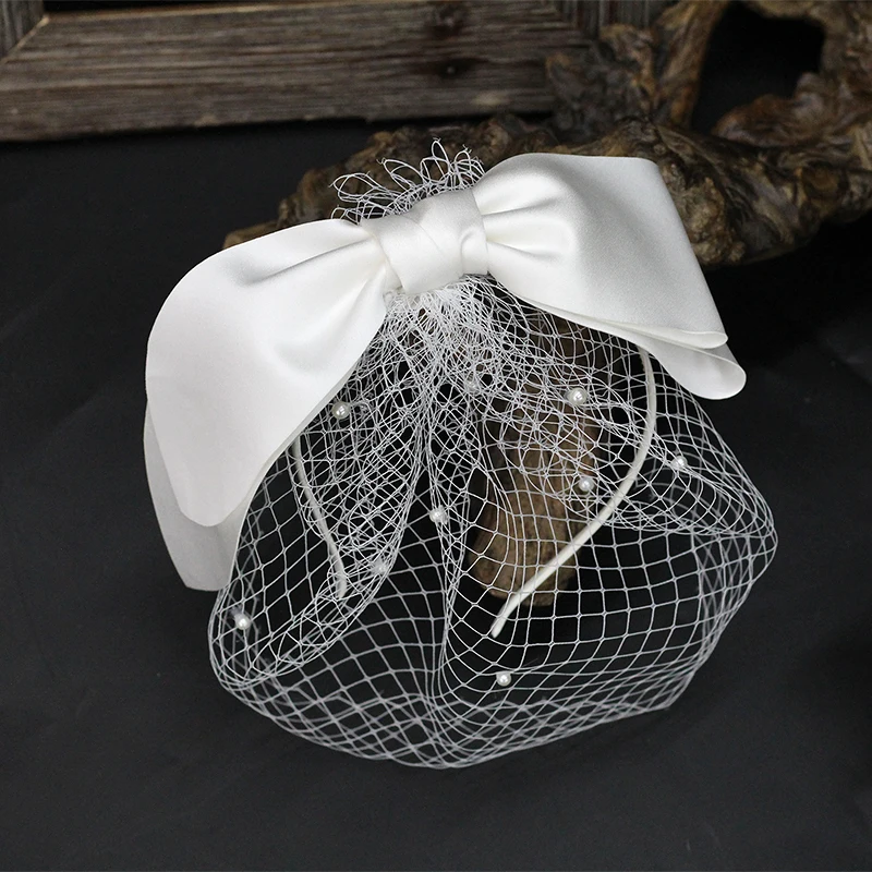 
BH1388 YIWU hera Vintage pearls short Face fishnet veil Bridal Wedding hair bow headband Party Accessories 