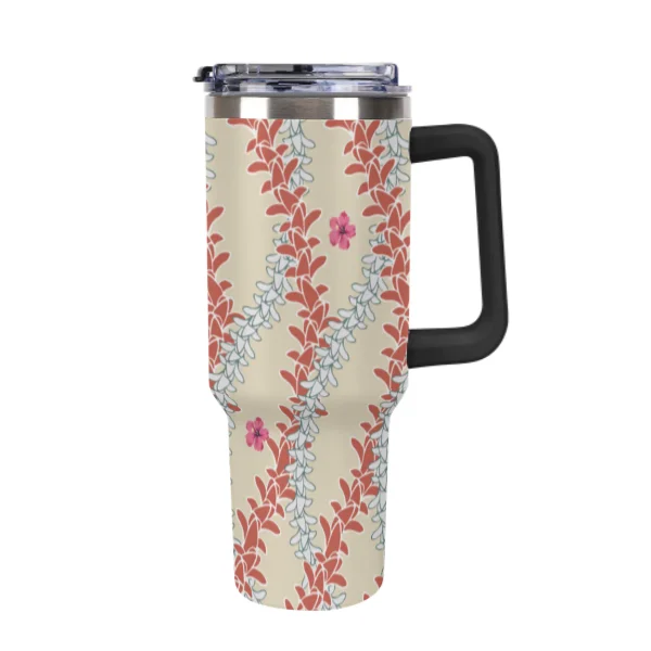 Hot Selling Hawaii Puakenikeni Print Personalized 40oz Stainless Steel Tumbler White Handle And Straw Tumbler Car Cup