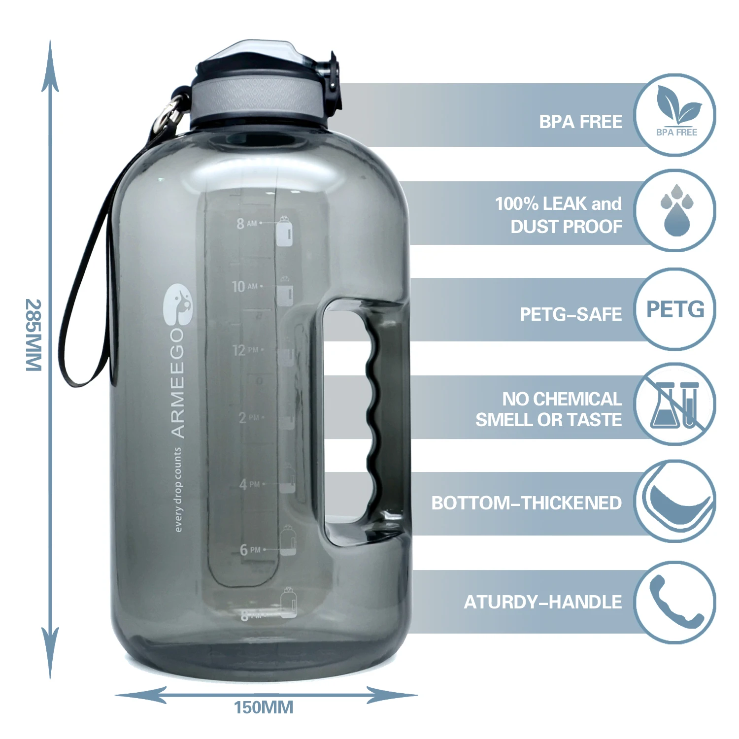 ARMEEGO   3.8L Wasserflasche mit Stroh- und Motivationszeitmarkierungen, PETG BPA-freier wiederverwendbarer, auslaufsicherer Tri