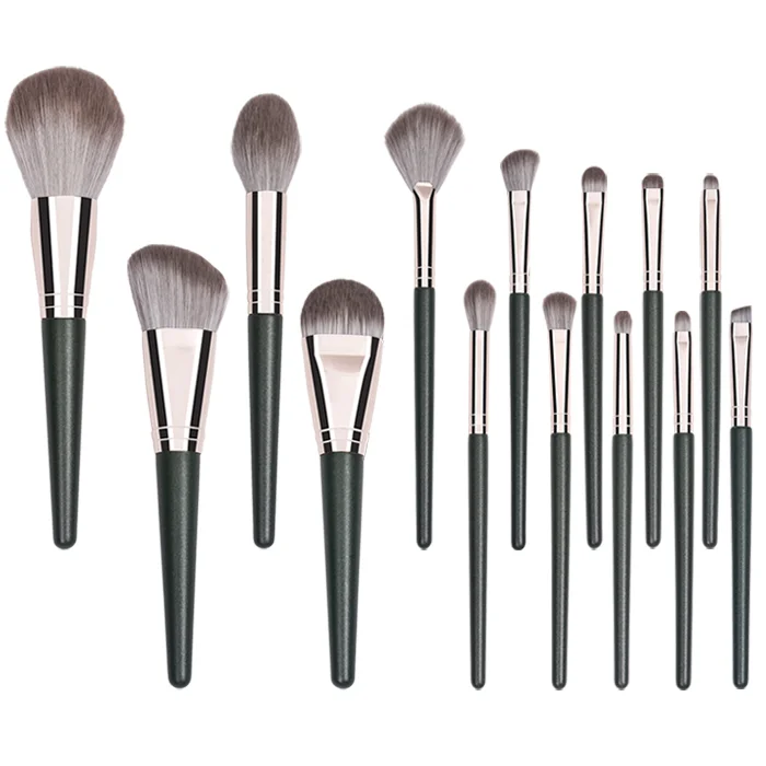 Wholesale 14pcs Textured Green Wooden Handle Rose Gold Ferrule Synthetic Hair Makeup Brush Set