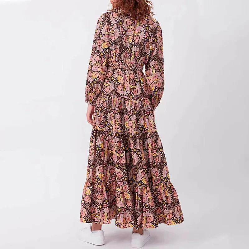 Ropa Para Dama 2022 Summer New French Retro Print Dress Long Skirt Puff Sleeve Long Sleeve High Waist Strappy Dress