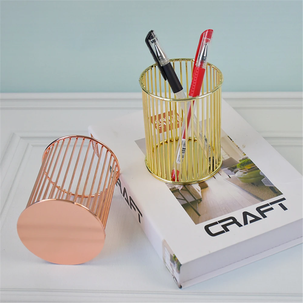 Rose Gold Pen Holder Cup for Home Office Desk Organizers Steel Wire Round Pencil Pot Flower Vase Makeup Brushes Storage Organize