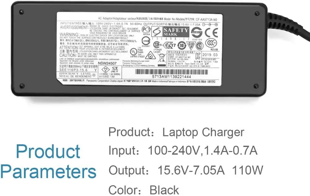 huiyuan 15.6V 7.05A 110W Toughbook Charger CF-AA5713AE CF-AA5713A CF-AA5713AM for Panasonic Toughbook CF-53 CF-33 CF-54 CF-19