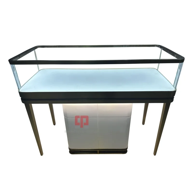 Elegant White Wooden Jewelry Display Showcase Tempered Glass Rounded Corner Display Counter Jewelry Store Display Showcase