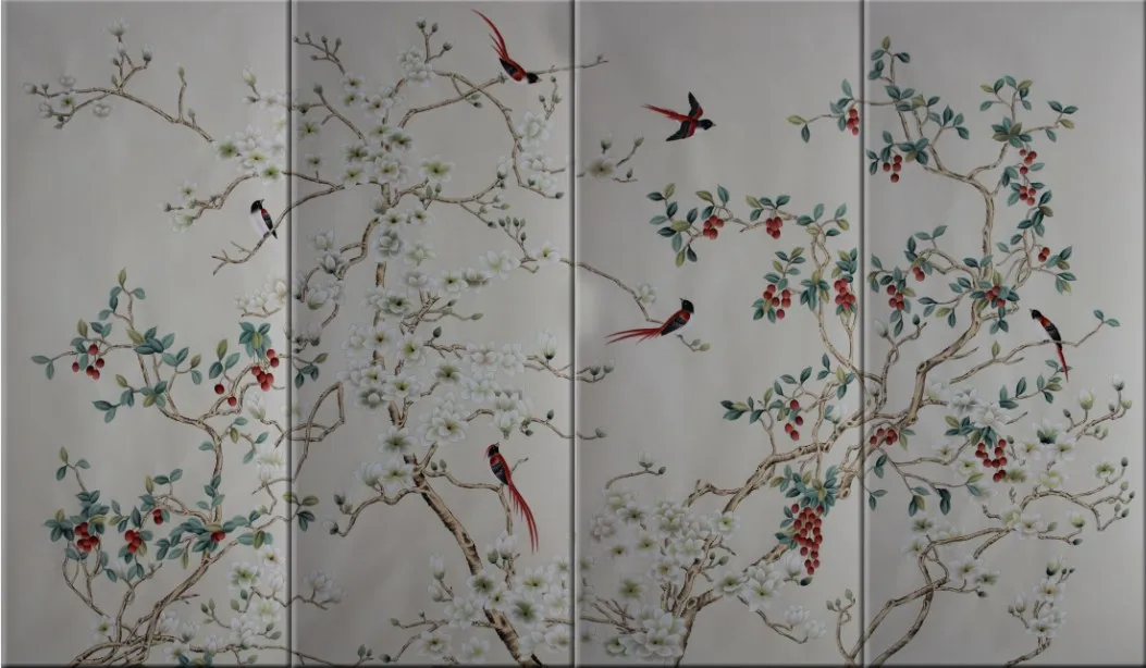 Luxury Interior Wall Decor Floral Long Tail Bird Design Silk Chinoiserie Handpainted Wallpaper