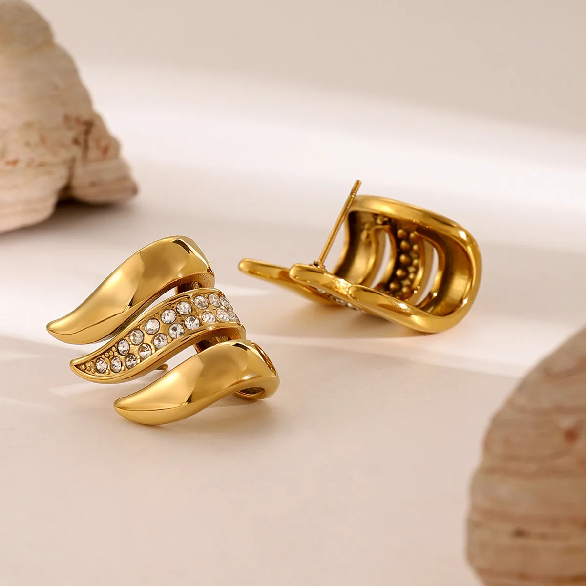 Hypoallergenic 18k PVD Gold Plated Stainless Steel Feather Shape Rhinestone Earrings Women Three-Layer Stone Ring Jewelry Set