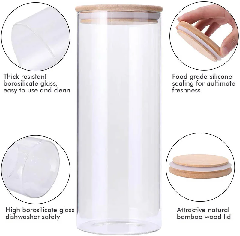 Glass Food Storage Containers Set Airtight Food Jars with Bamboo Wooden Lids Kitchen Canisters For Sugar Candy Cookie Spice