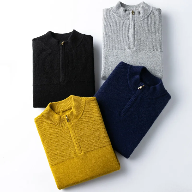
Custom Knit Pullover Zipper Neck Knitwear 100% Cashmere Sweater Men Winter Outdoor 