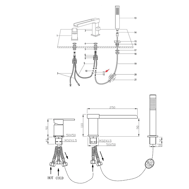 Bathtub 3 holes Faucet Spa Whirlpool Bathroom Waterfall Shower Mixer Set