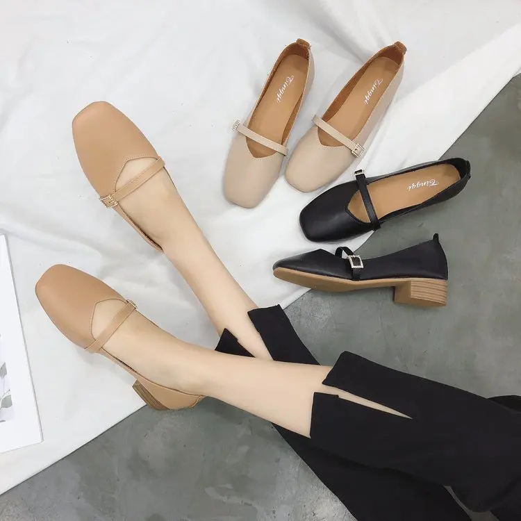 New retro square toe Mary Jane shoes thick low-heel ladies single shoes C-16