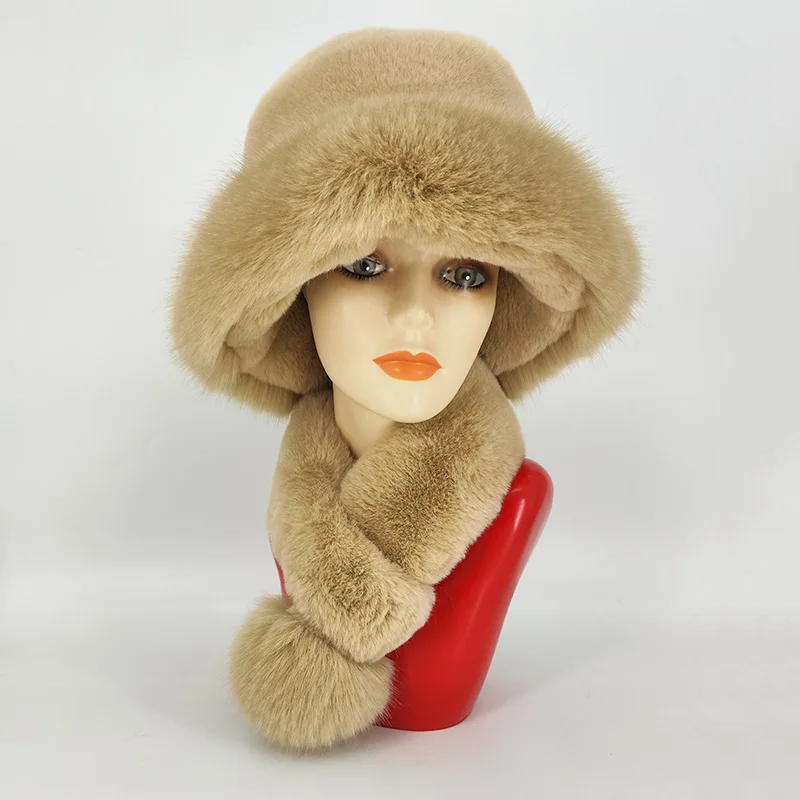 New Style Faux Fur Hat And Scarf Suit Adult Women Winter Warm Fake Rex Rabbit Fur Hat Fox Fur Ball Scarf Two-Piece Set