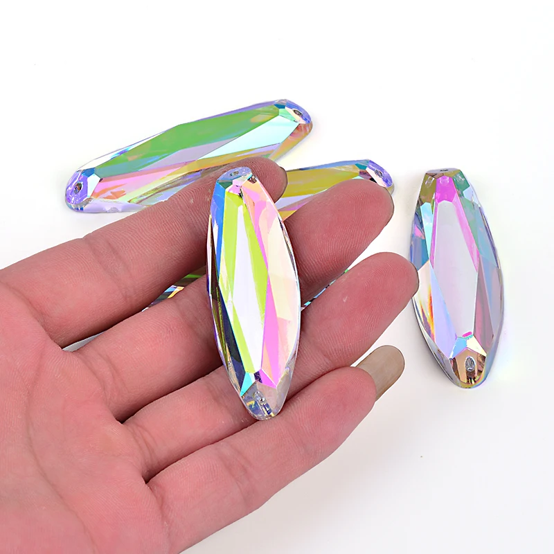 20*58mm Big Size Sew On Black AB Color Oval Crystal Applique Flat Back Acrylic Gems Sewing Strass Rhinestone For DIY Crafts