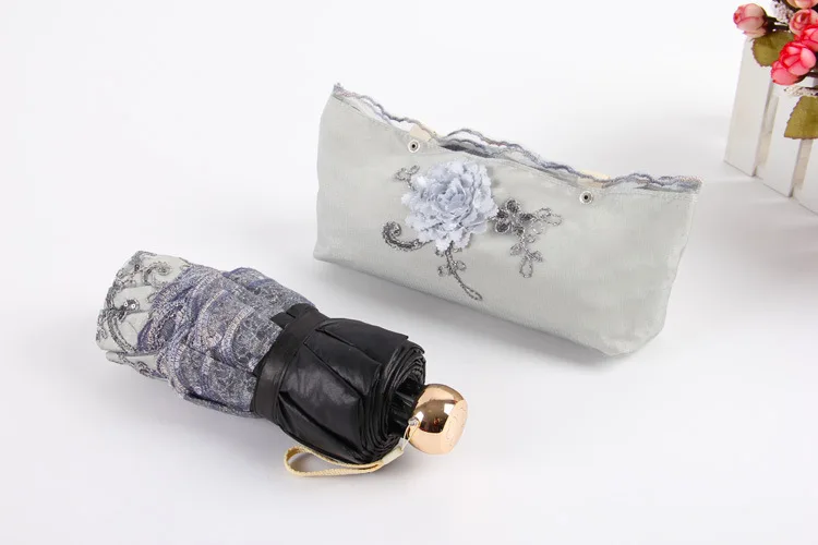 New Design Lace flower embroidery parasol wedding fabric umbrella with black coating