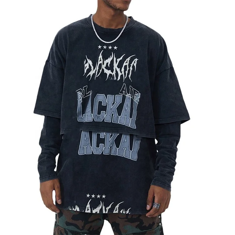 Custom logo print Good quality 100% cotton T shirt vintage oversized tshirt streetwear double sleeve layered long sleeve t shirt