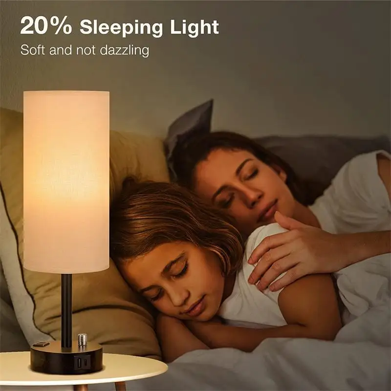 Home Hotel Warm Soft Linen Shade Desk Lamp Creative Modern Table Light with USB Charging Port