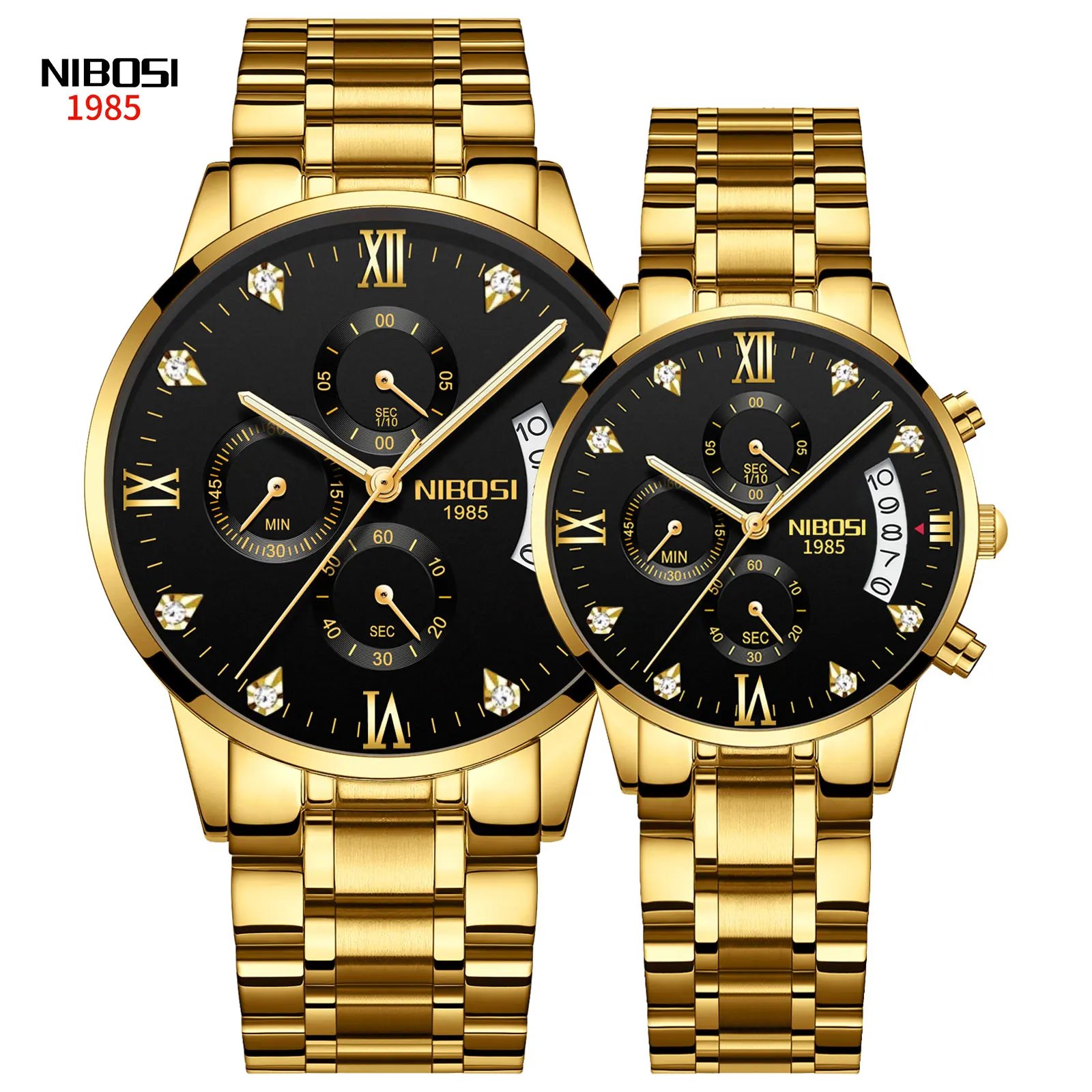 NIBOSI 2309-2  Luxury Women Men Quartz Stainless Steel Watch Couple Custom Brand Wristwatches with Diamonds