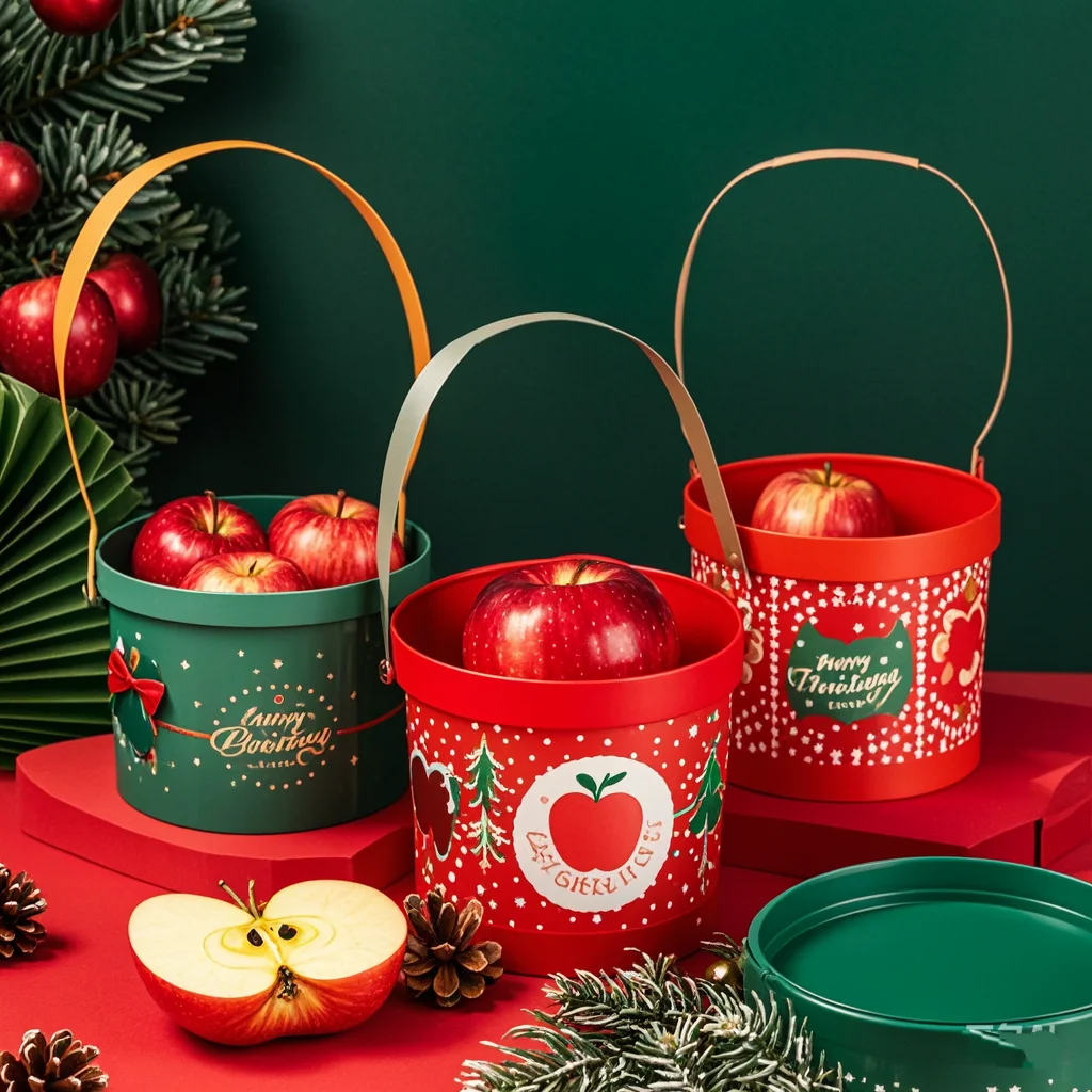2024 Merry Christmas Circle Paper Packaging Boxes Christmas Eve Candy Apple Storage Basket Box Decorated Round Box For Gifts