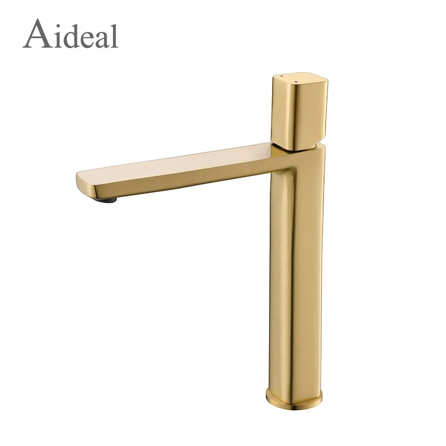 Excellent sleek hand feel tall size brushed gold cold and hot water one piece taps basin mixer faucets for basin