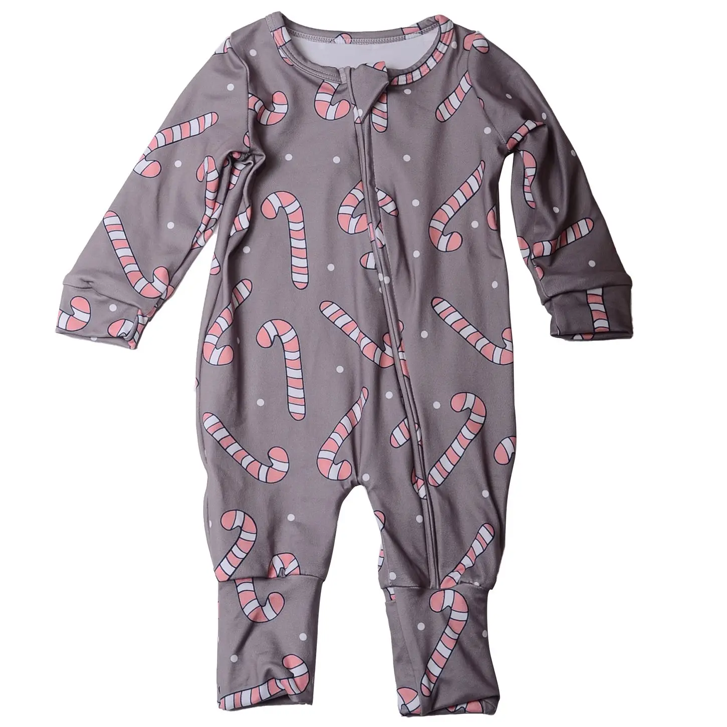 230g cotton/bamboo Custom Christmas Printed Girls Jumpsuit Long Folding feet Romper Babies Zip-Up Pajamas