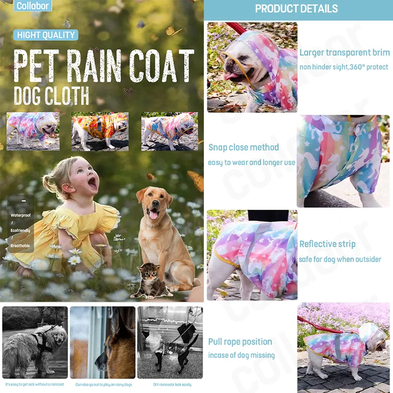 COLLABOR French Bulldog Hot Selling Waterproof Dog Rain Coat Jacket For Pet Clothes Raincoat