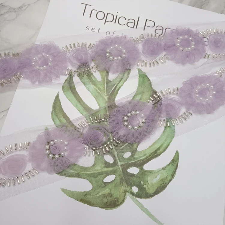 White heavy stitching bead wedding dress accessories mesh hand sewn bead leaves high-grade barcode DIY neckline