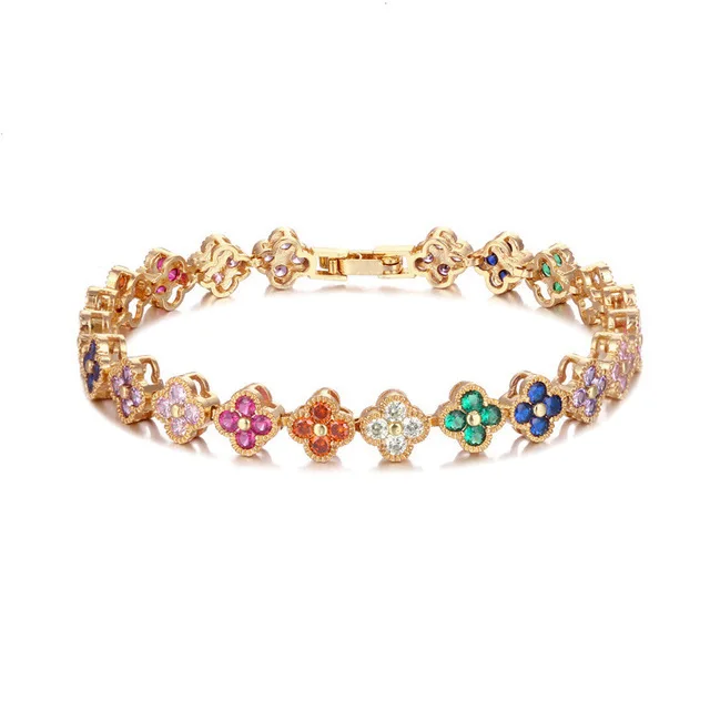 Wholesale latest brass link four leaf clover bracelet jewelry zircon stone for women