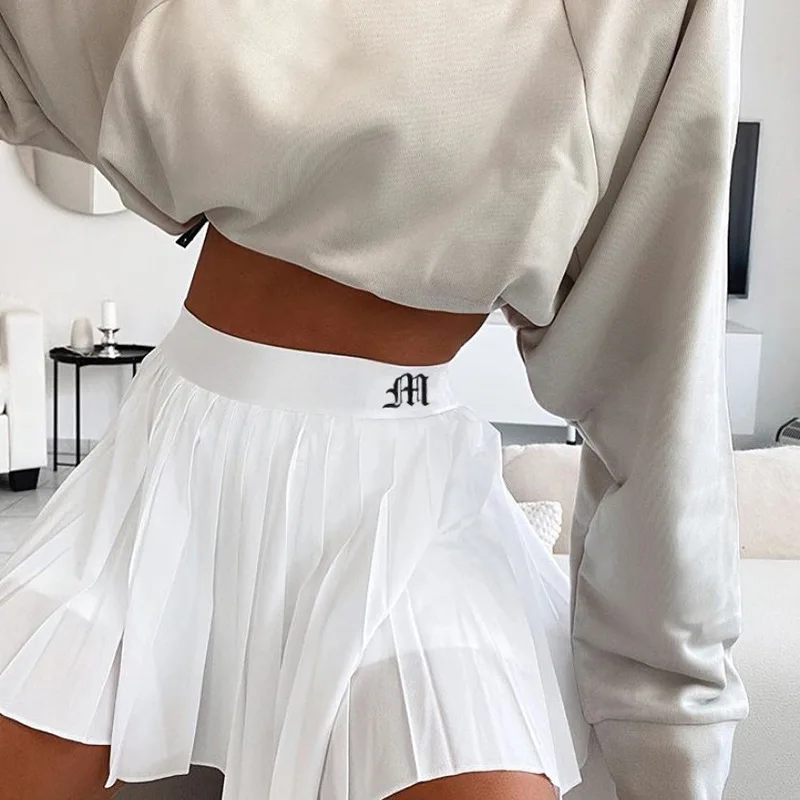 Sexy Summer Embroidery Short Tennis Skirt New Woman Elastic Waist Mini Skirts White Pleated Mini Skirt