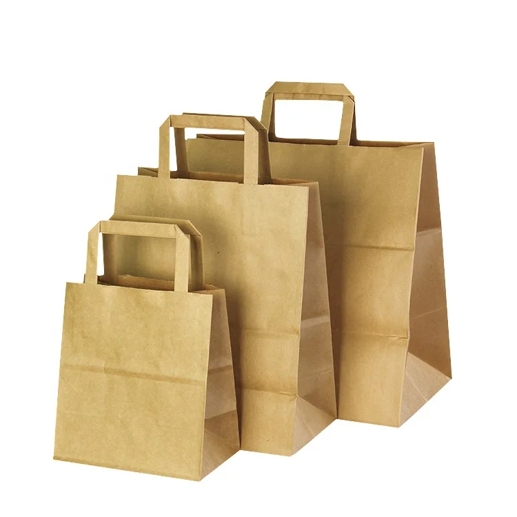 KM Custom Your Own Logo Carry Out Bag For Restaurant To Go Fast Food Biodegradable Takeaway Kraft Paper Bag With Flat Handle