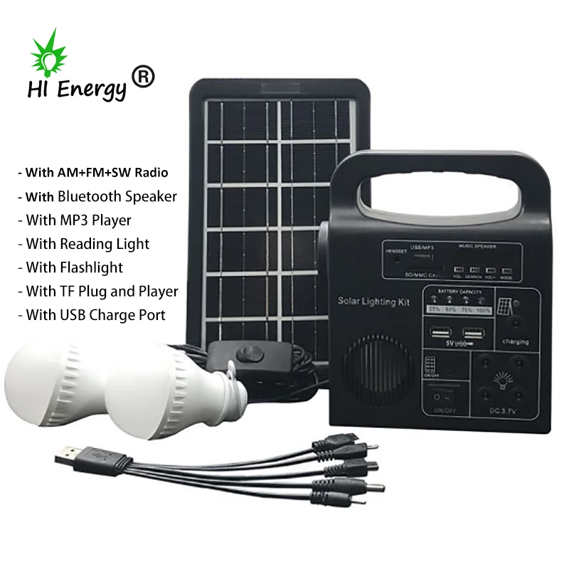 HiEnergy home use solar lighting kit rechargeable solar radio am fm portable radio solar mp3 speaker