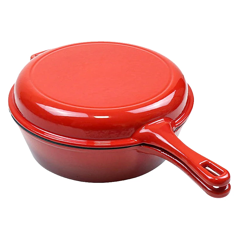 2 In 1 Enameled Cast Iron Cooking Pot Dutch Oven Enamel Non-stick Cast Iron Cookware Set with Long Handle