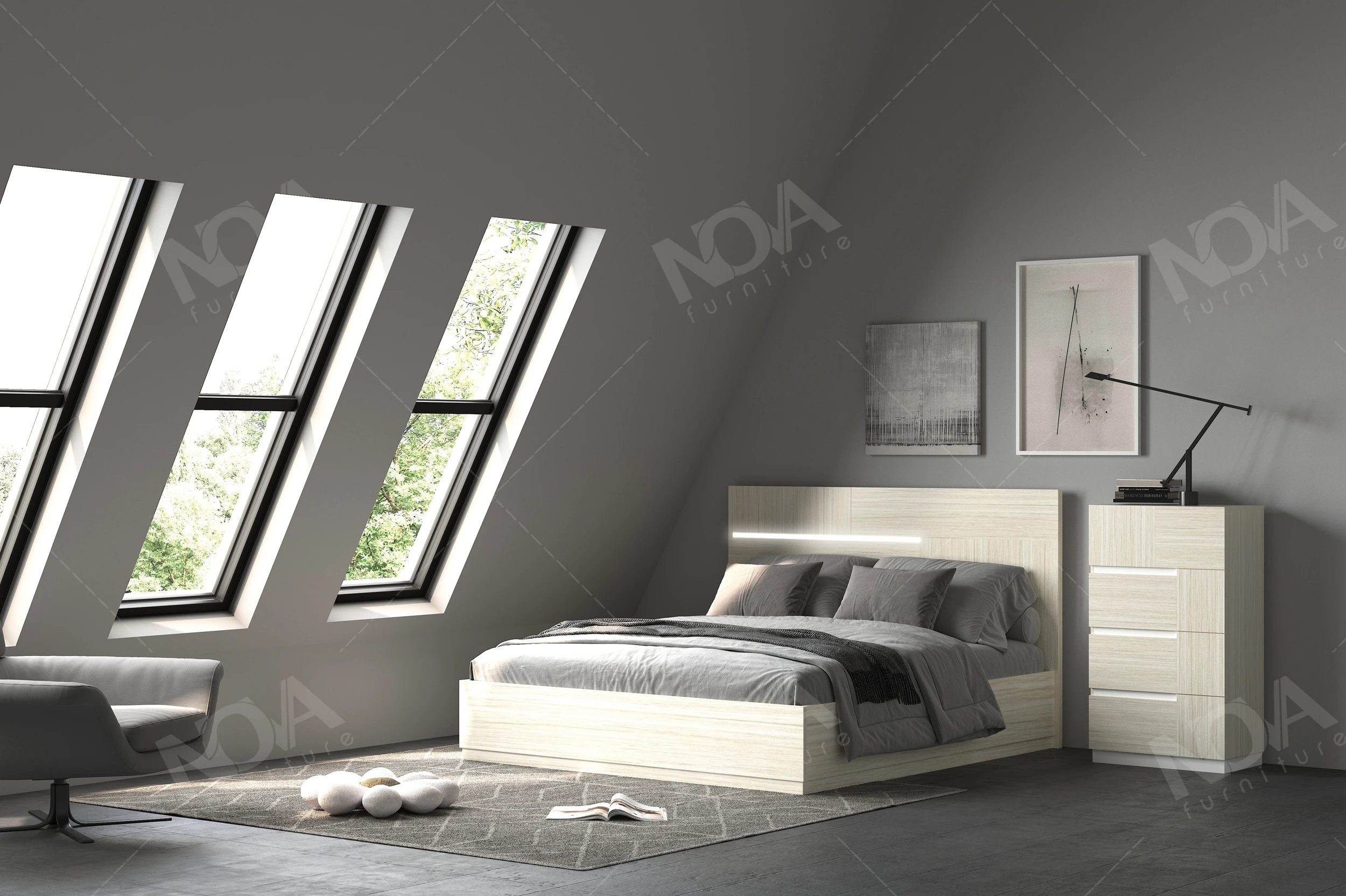 NOVA Minimalist 5 Pieces Melamine Bedroom Sets Led Light Headboard King Bed Room Suite Furniture Minimal Queen Size Double Beds