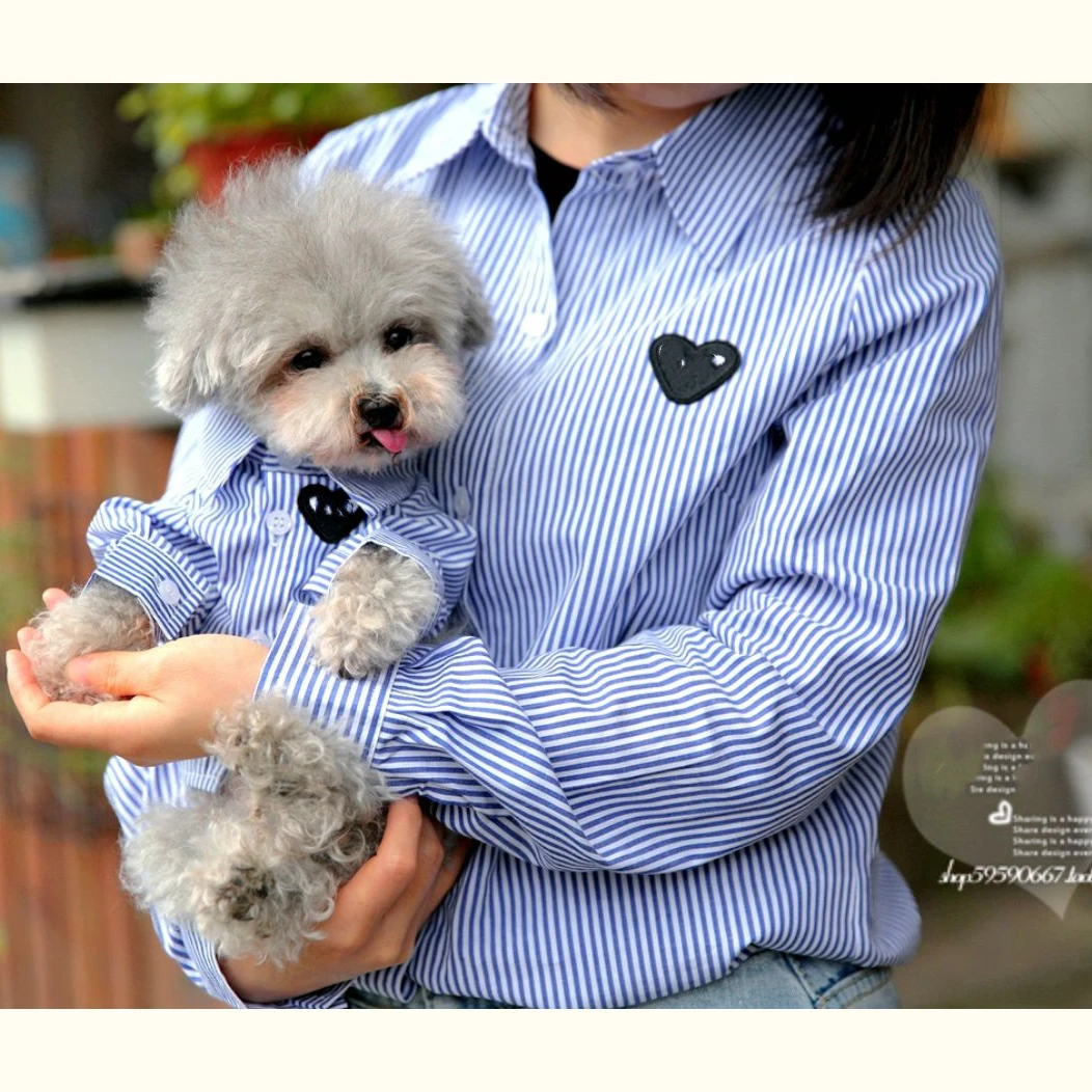 INS Pet Dog Blue And White Striped Heart Shirt With Owner Thin Shirt For Spring/summer